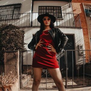Chic Red Dress with Black Jacket and Hat